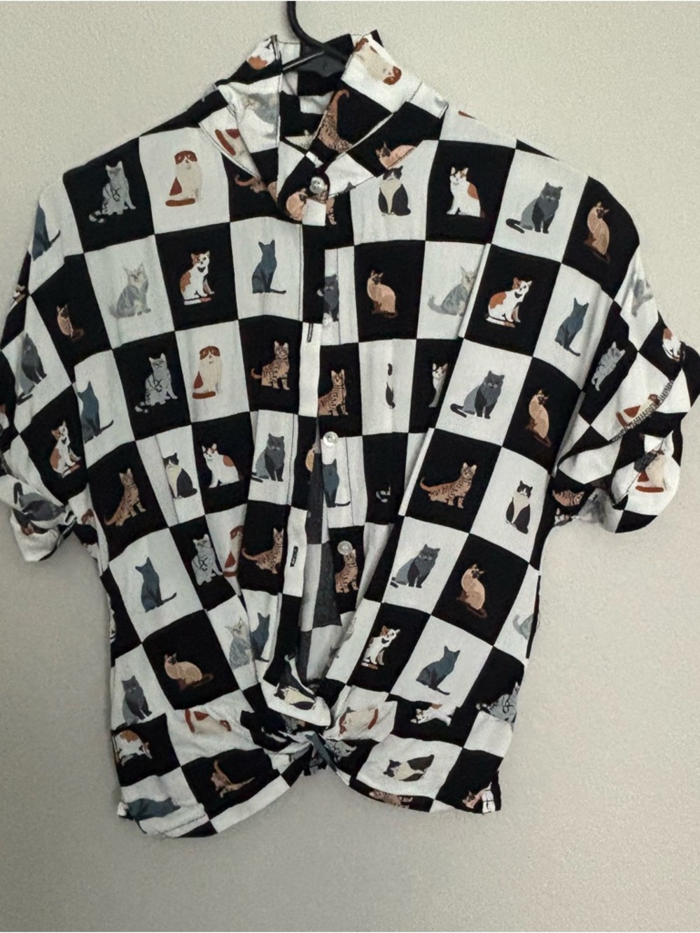 Black and White Cat Print Button-Up Shirt